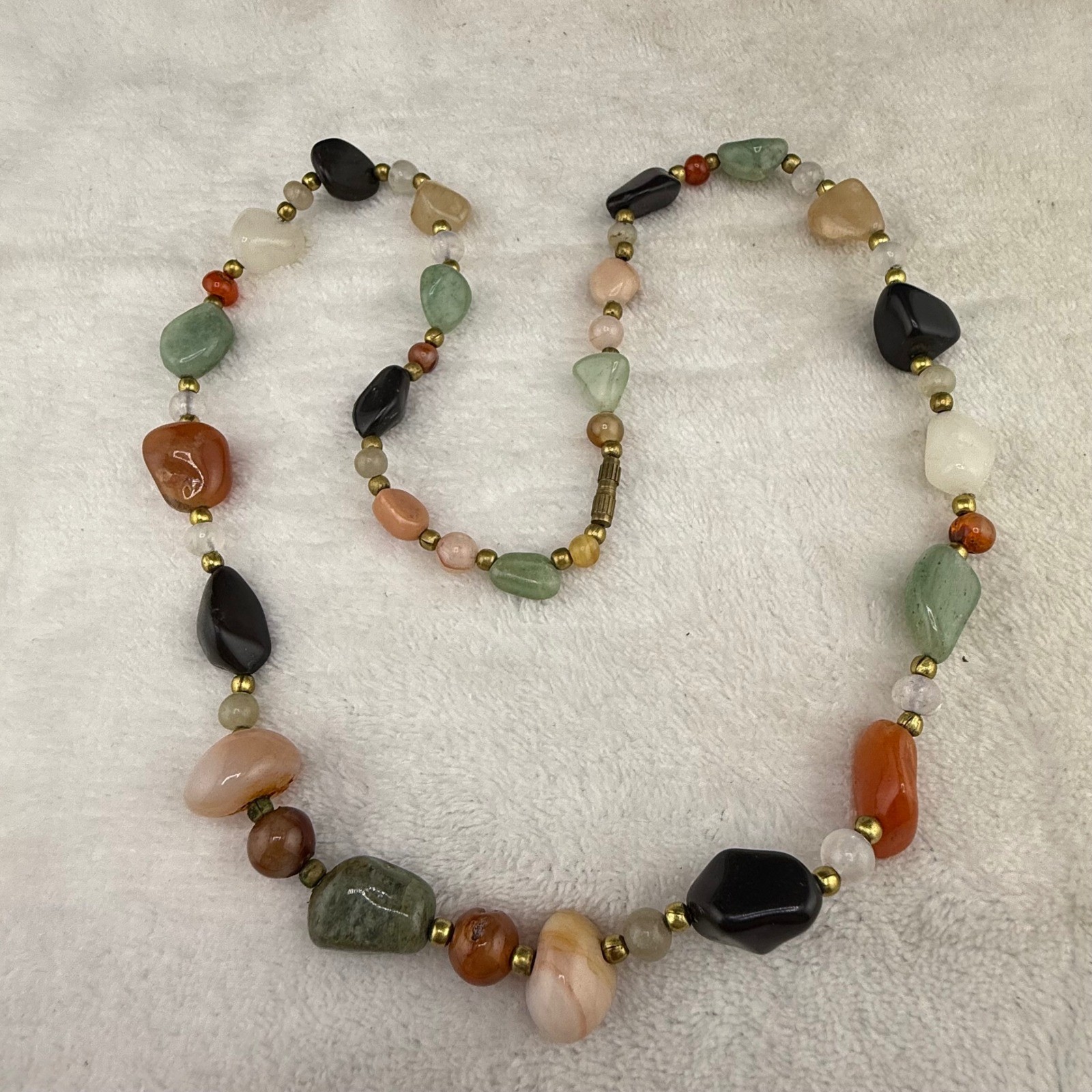 Vintage Beggars Bead Polished Stone Necklace Tumbled Semi Precious 23in