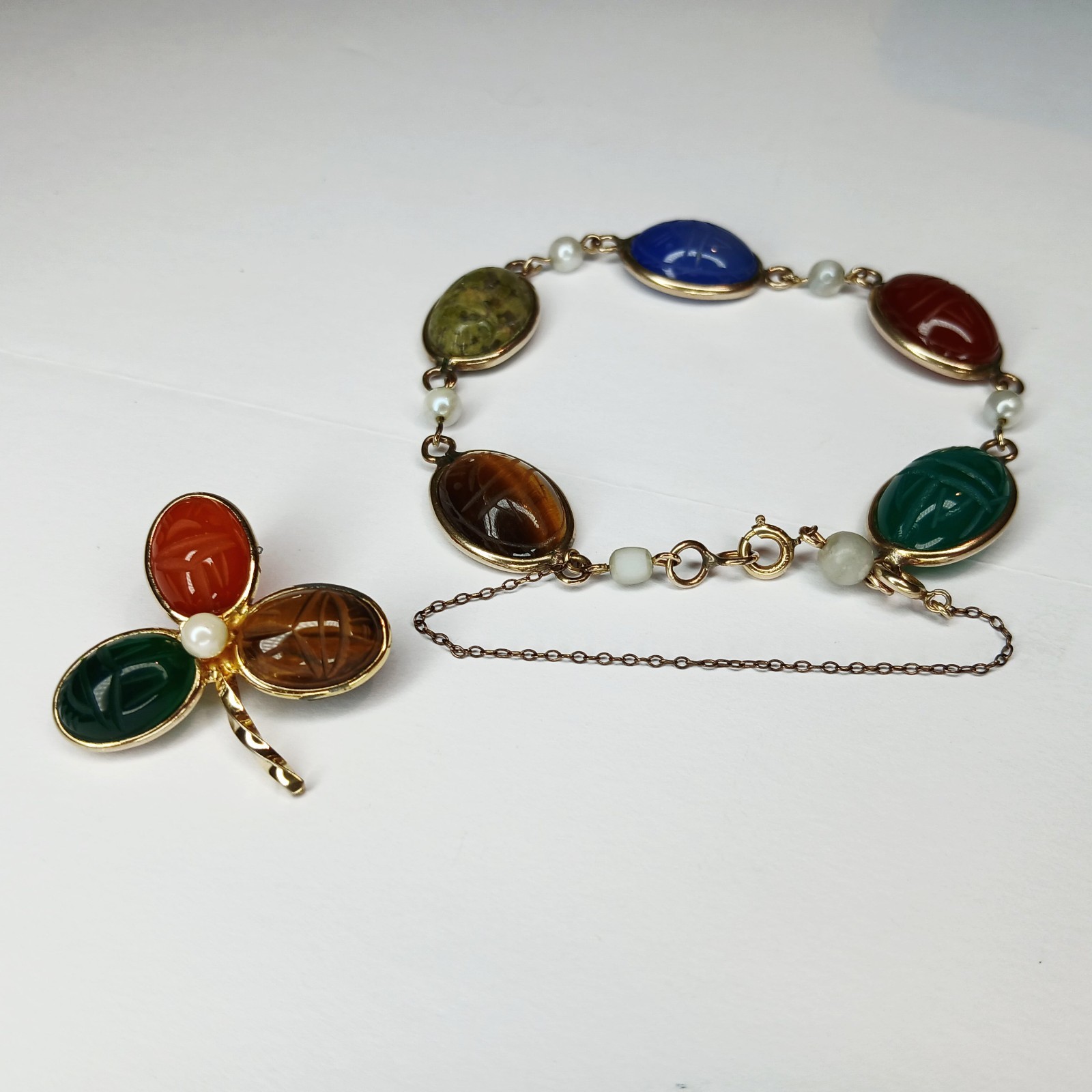 Vintage ~ Burt Cassell Egyptian Revival Gemstone Scarab Bracelet & Brooch Set 8″