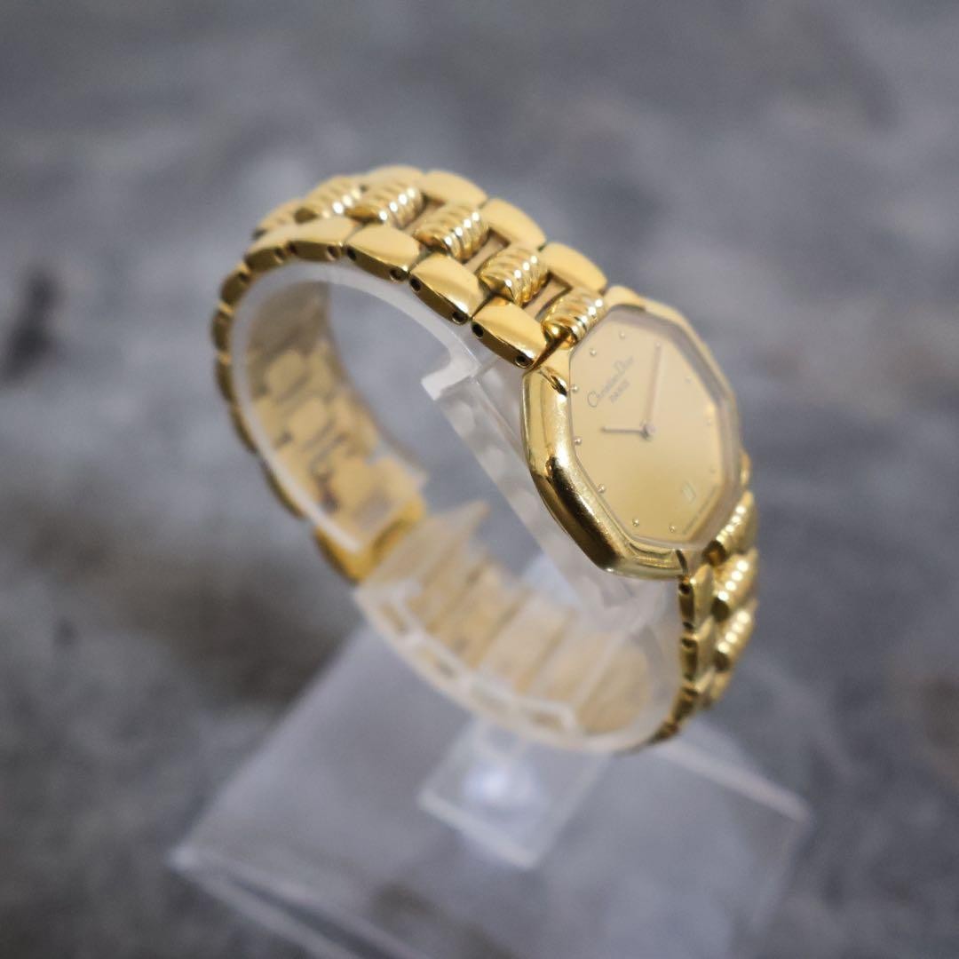 Christian Dior Octagon Gold Quartz Wristwatch Date Display