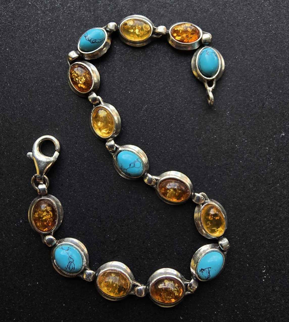Gemstone Link Bracelet Sterling Silver with Baltic Amber and Turquoise 7.25″