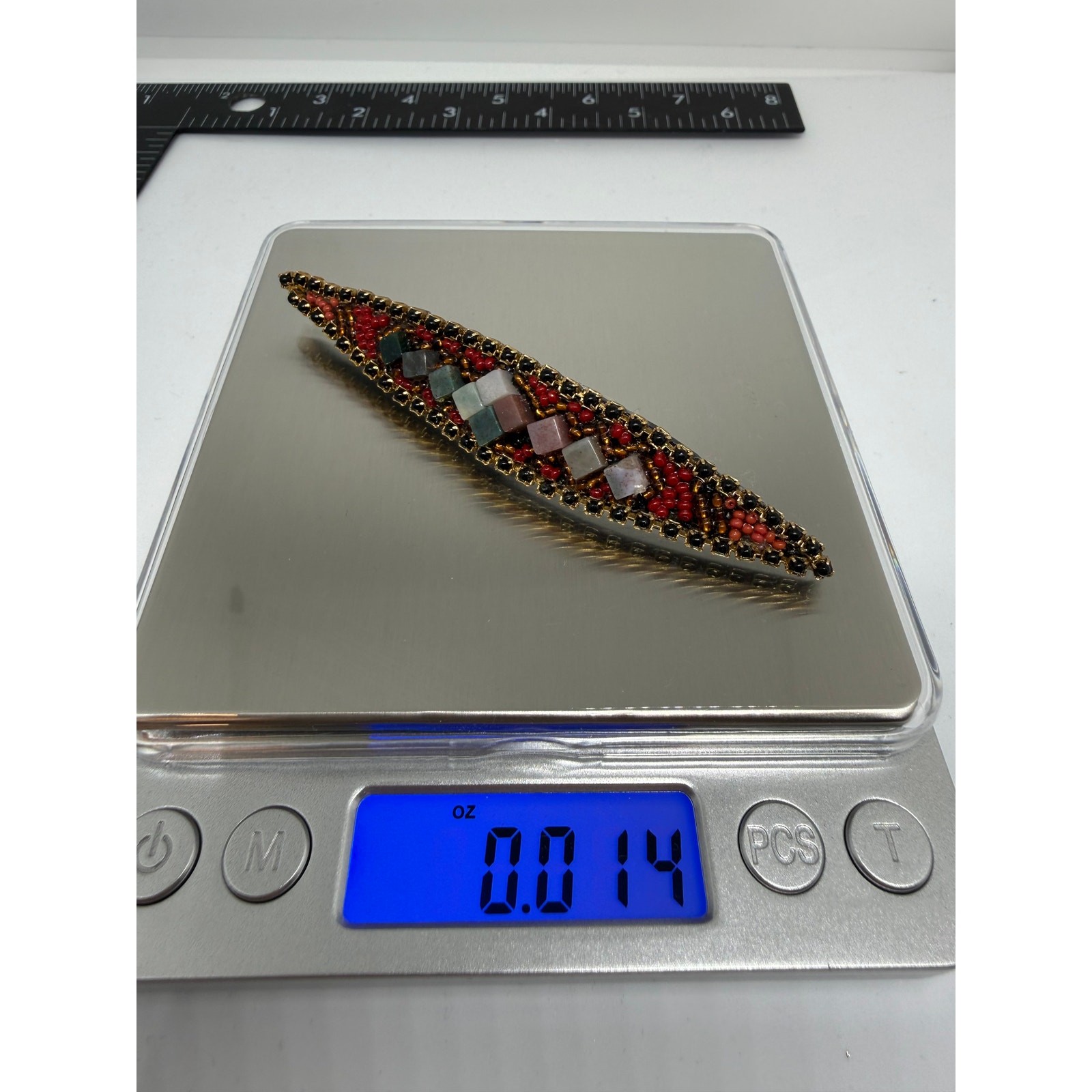 VINTAGE Hickham 1999 Hand Beaded Natural Stone Brooch Artisan Seed Bead Pin Boho