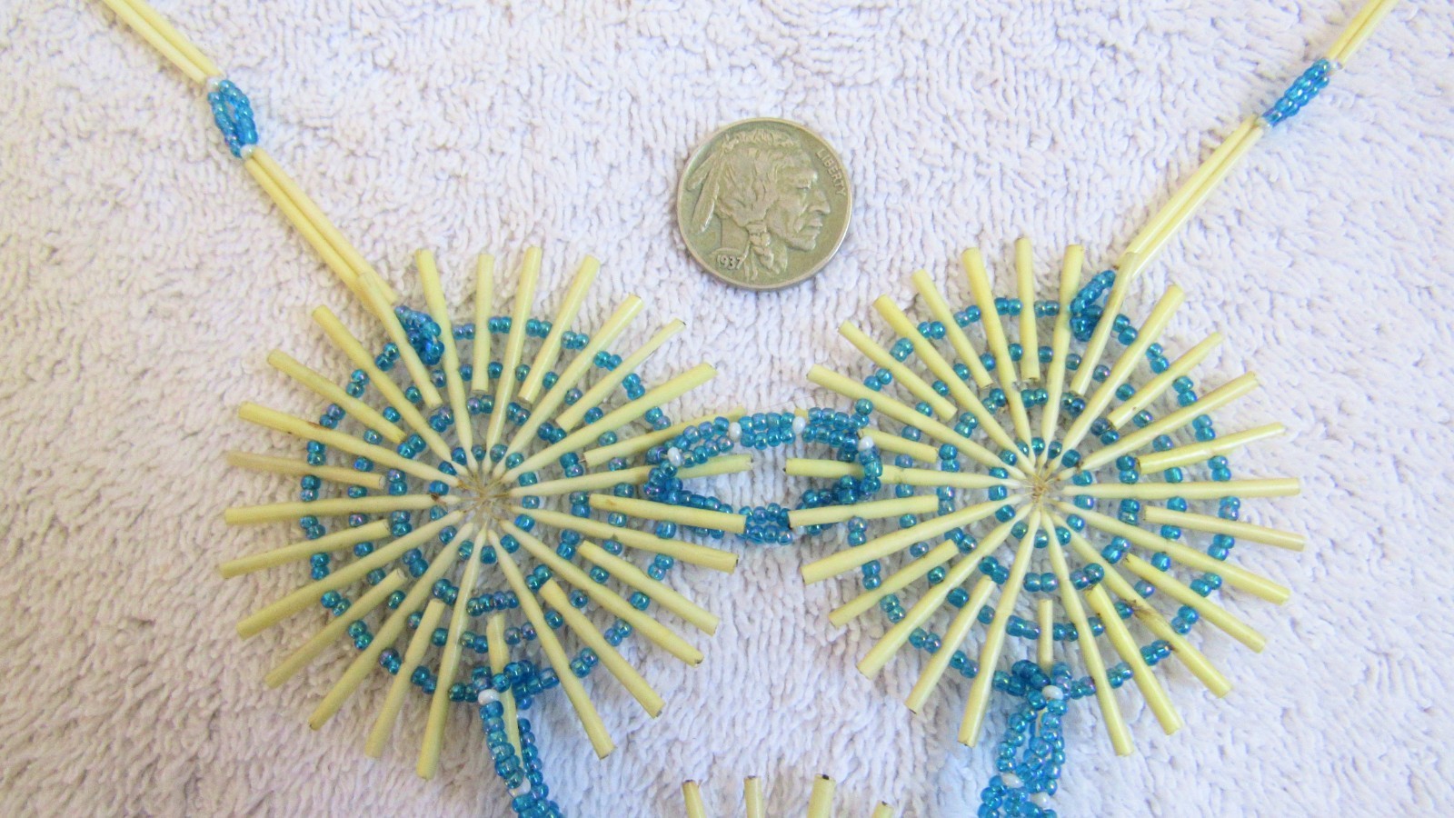 Old Sioux Indian Porcupine Quill & Beads Beadwork Medallion Pendants & Necklace