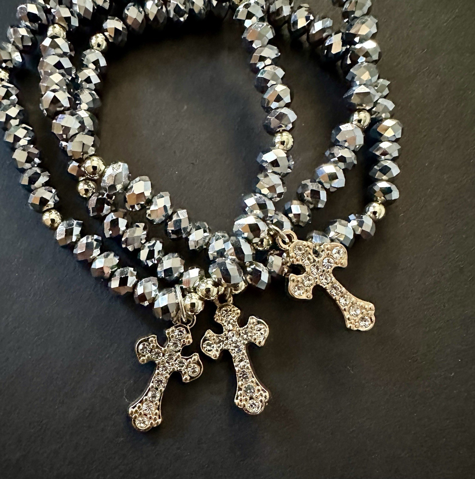 Set of 3 Silver Gray Crystal Faceted Bead Stretch Bracelets Cross Dangle