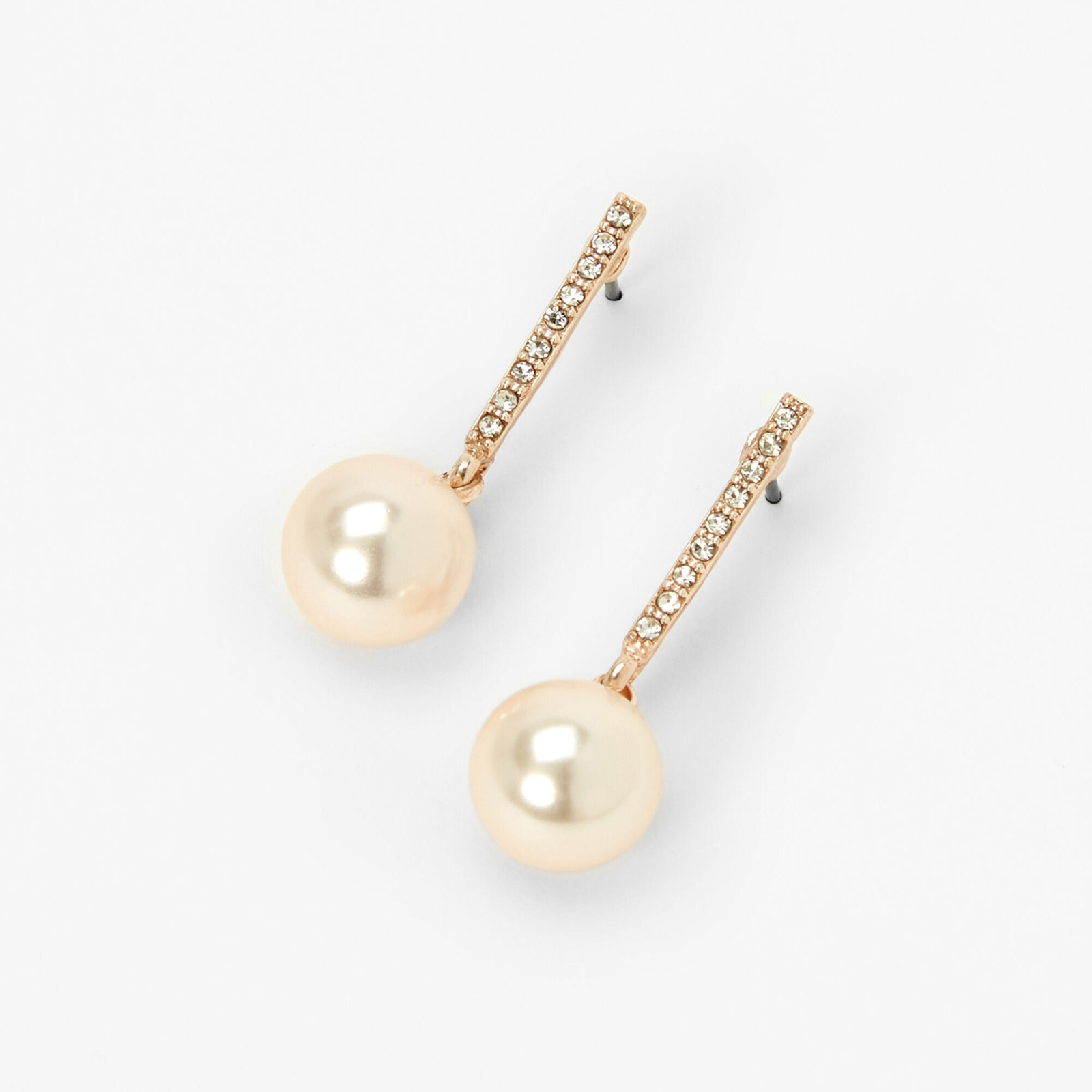 Claire’s Rose Gold Pearl Crystal 1″ Bar Drop Earrings (G131424-1 LOC. D)