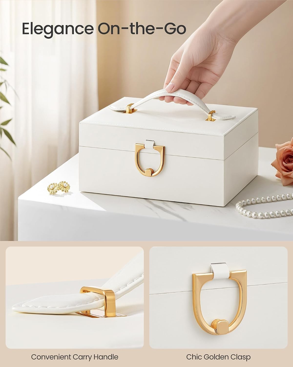 Portable Jewelry Box Organizer Storage Case Removable Tray Carrying Handle