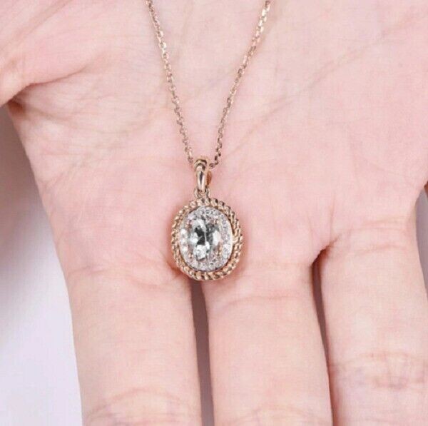 2Ct Oval Cut Simulated Diamond Women’s Halo Pendant 14K Rose Gold Plated
