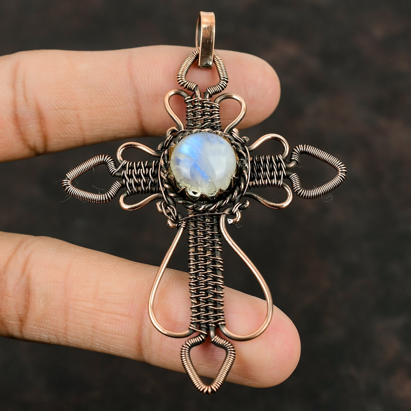 Rainbow Moonstone Copper Gift For Briedsmaid Wire Wrapped Cross Pendant 3.27″