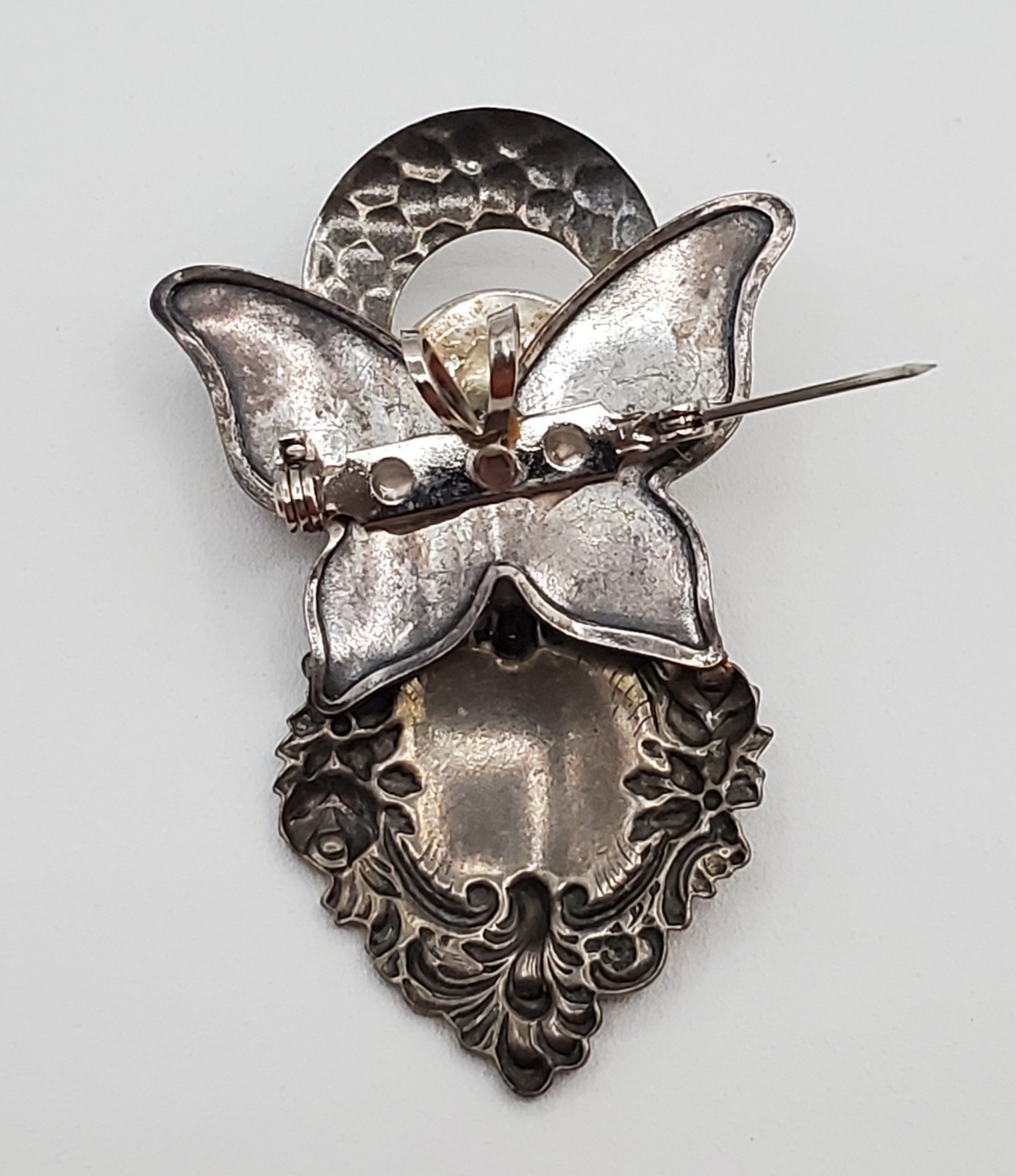 VTG Angel Brooch and Pendant Combo 2.5in Hammered Silver Tone Scroll Steampunk