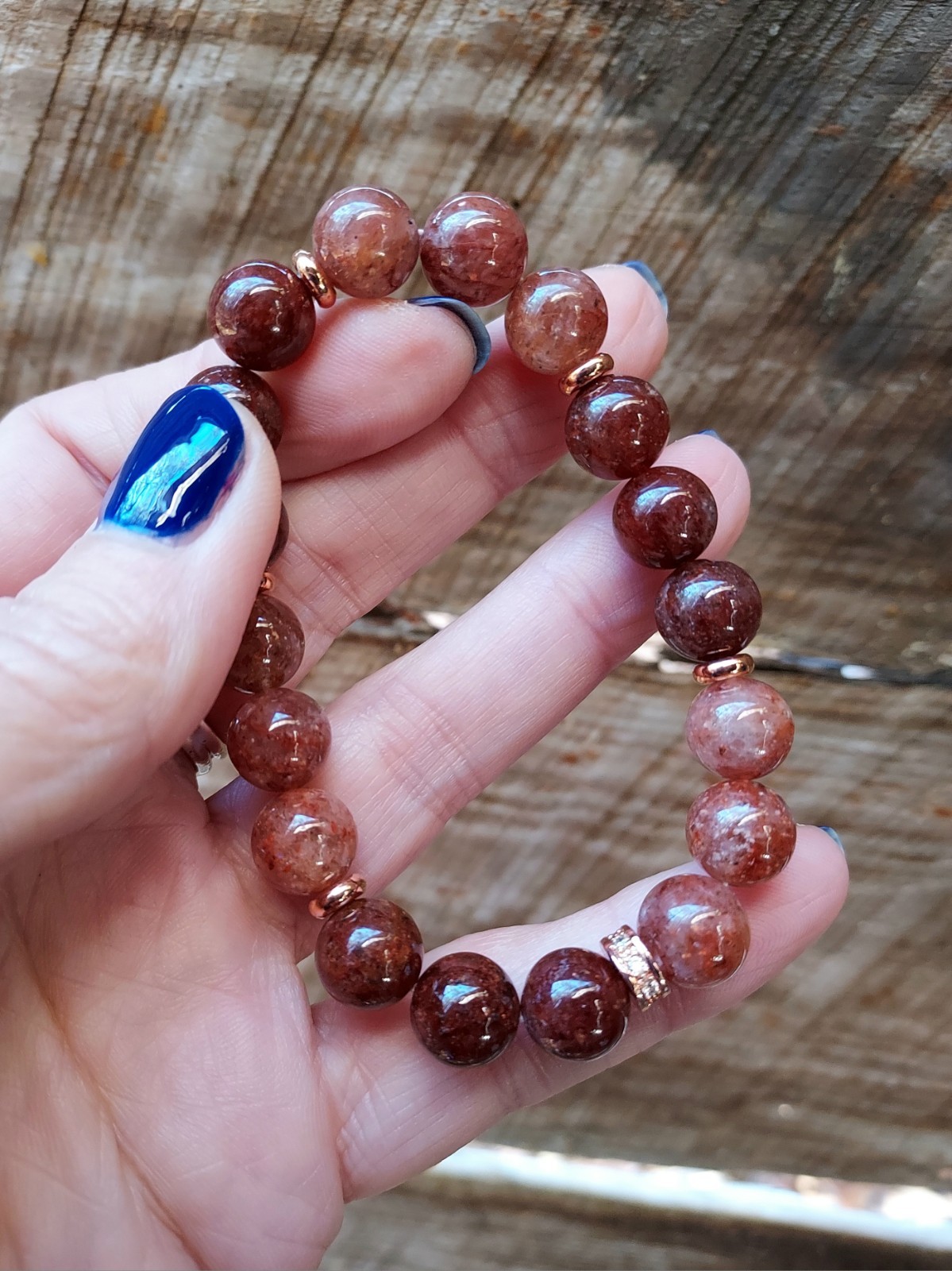 Red Phantom Quartz Gem Bead Bracelet In Rose Gold Stretch One of a Kind 6.75″
