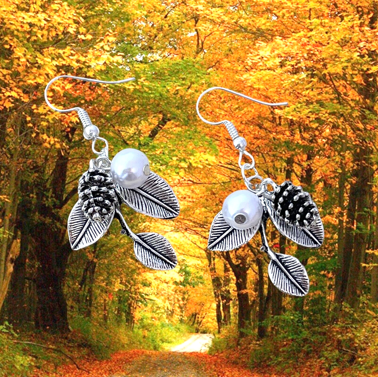 Earrings Autumn Fall Season Silver Pinecone Leaf White Pearl Fishhooks 1 7/8″