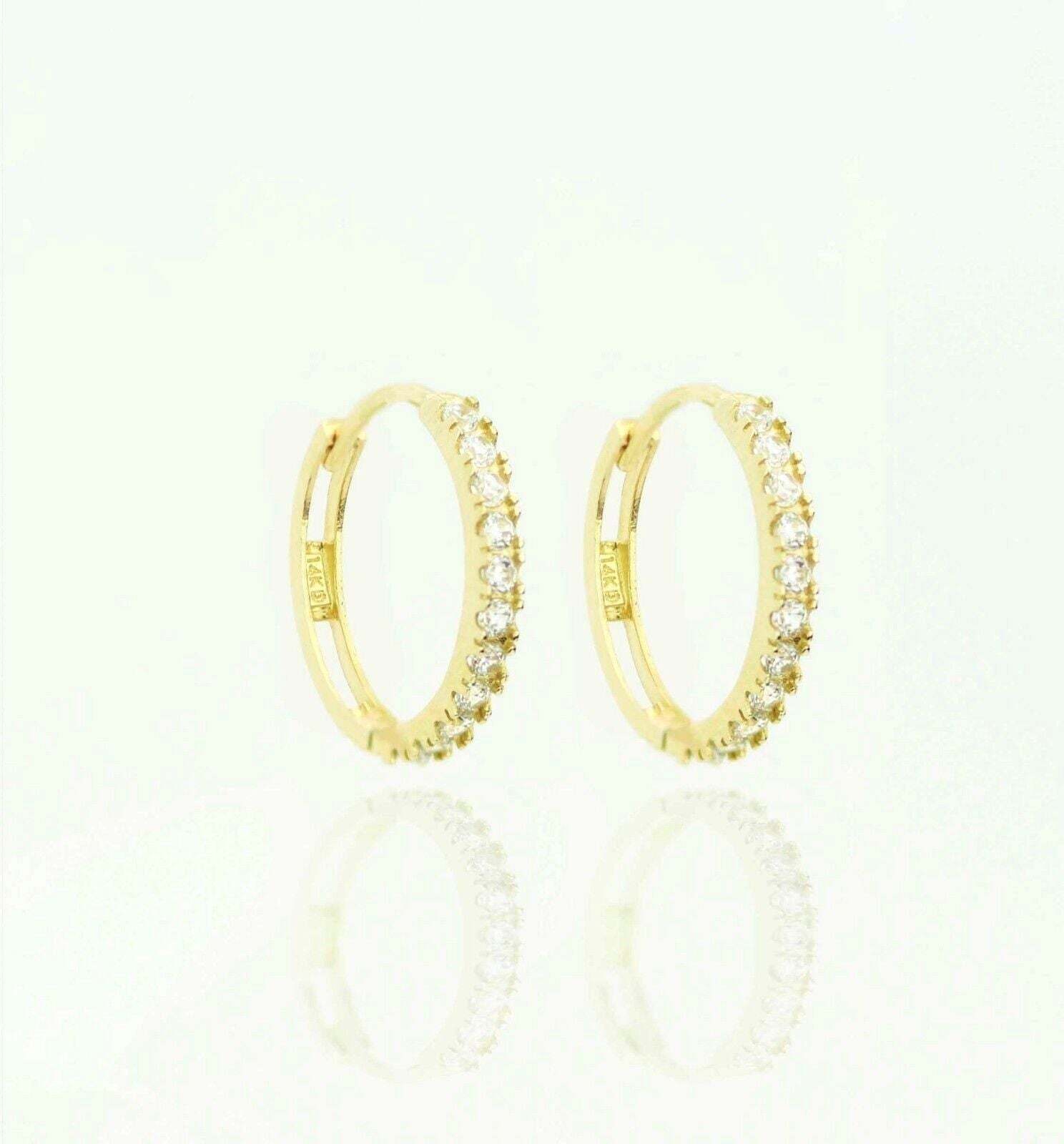14k Yellow and White Gold CZ Huggie Hoop Earrings