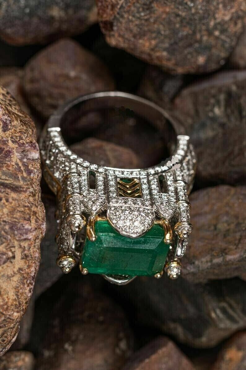 3Ct Lab Created Emerald Diamond Taj Mahal Engagement Ring 14K White Gold Finish