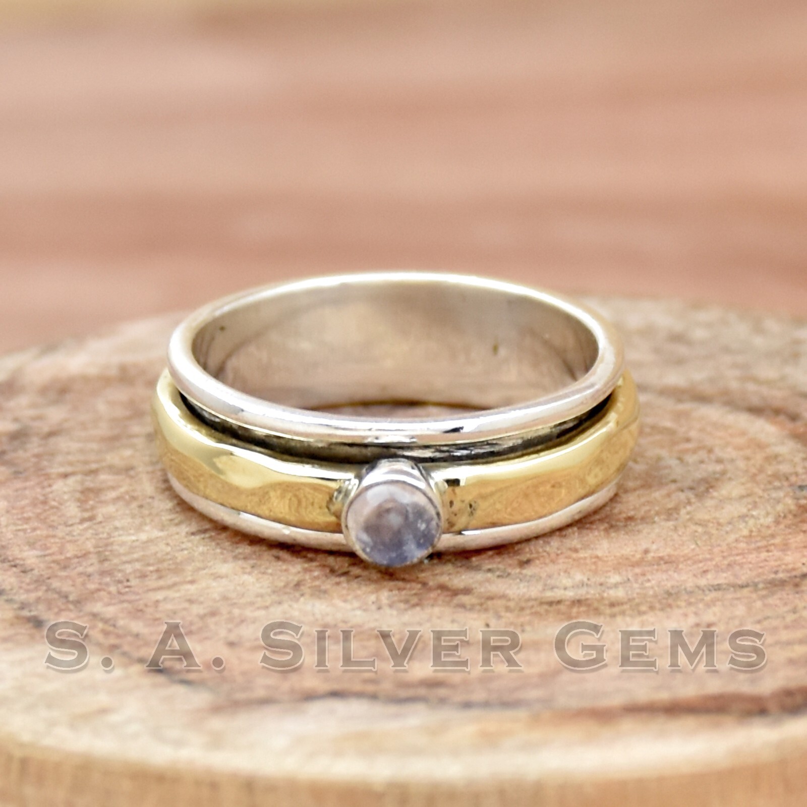 Moonstone Ring, 925 Sterling Silver Spinner Ring, Women Ring, Two Tone Ring.