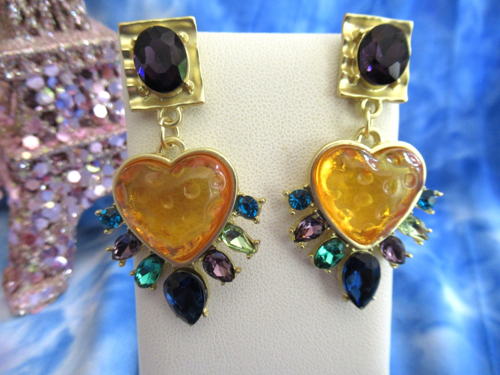 Gripoix Style Heart Earrings Matte Gold Tone Pierced Rhinestone Resin -Choose