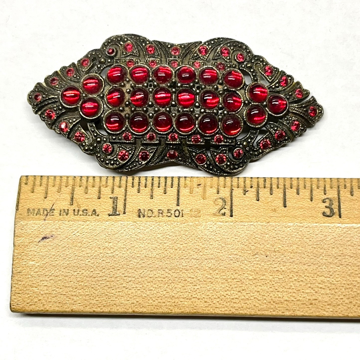 Antique VTG 1930s Art Deco Czech Bohemian Glass Pomegranate Red Cabochon Brooch