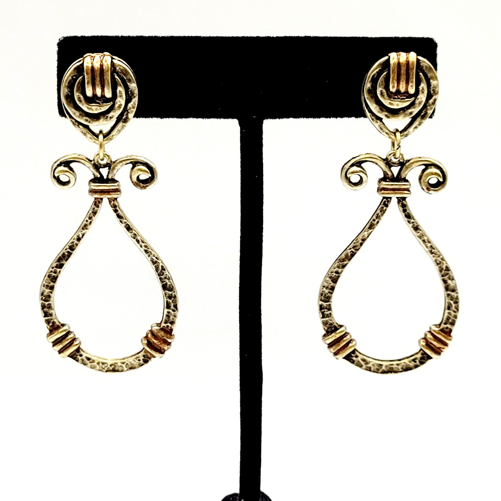 Modern Geometric Loop Hammered Look Ornate Stud Mix Metal Tone Pierced Earrings