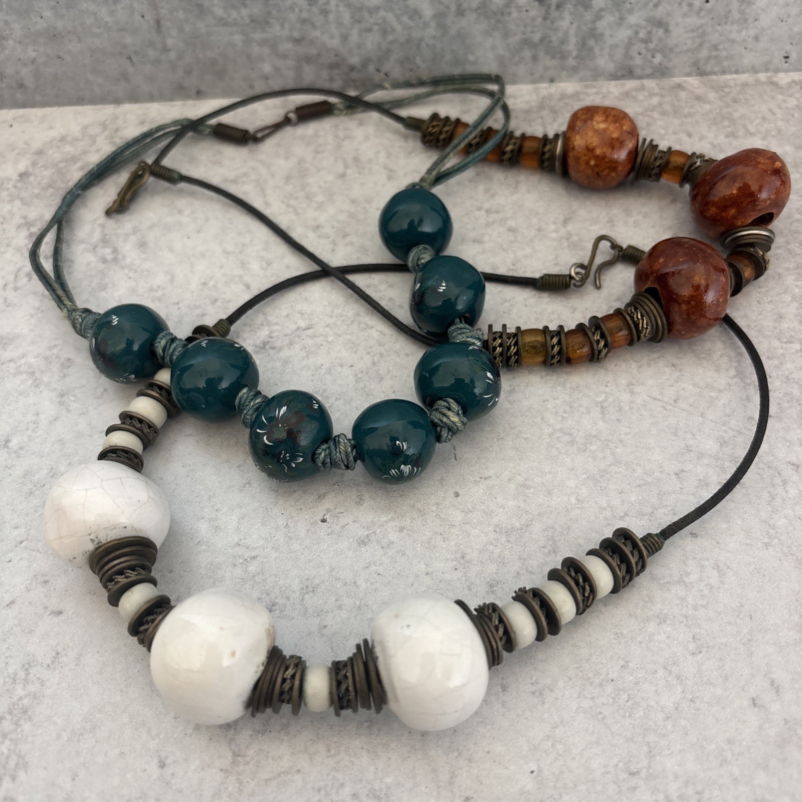 Vintage Greek Ceramic Bead Necklaces On Leather Cord Greece White, Teal, Amber