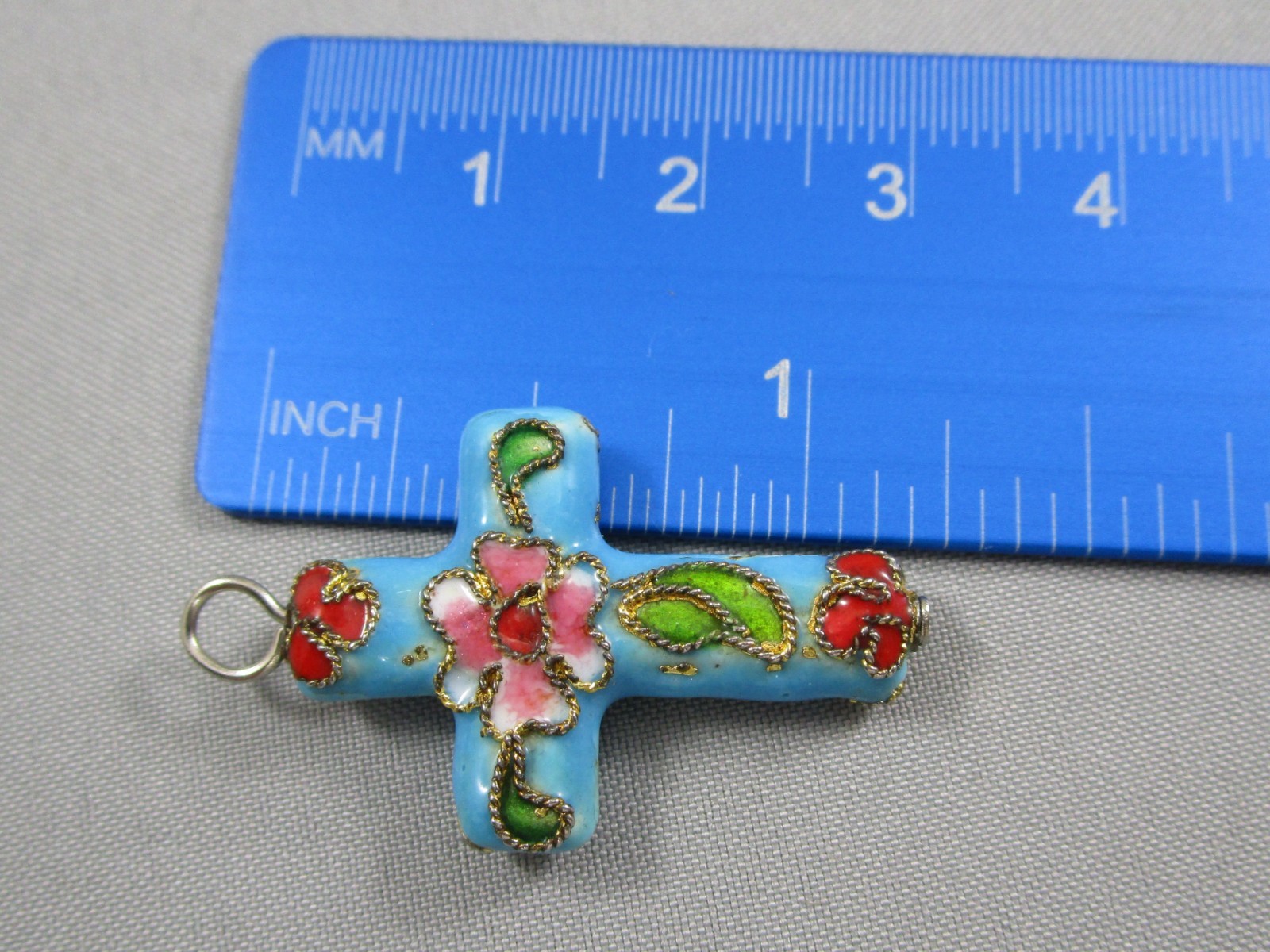 Vintage Cloisonne Blue Red Green Floral Enamel CROSS Pendant for Necklace 1046