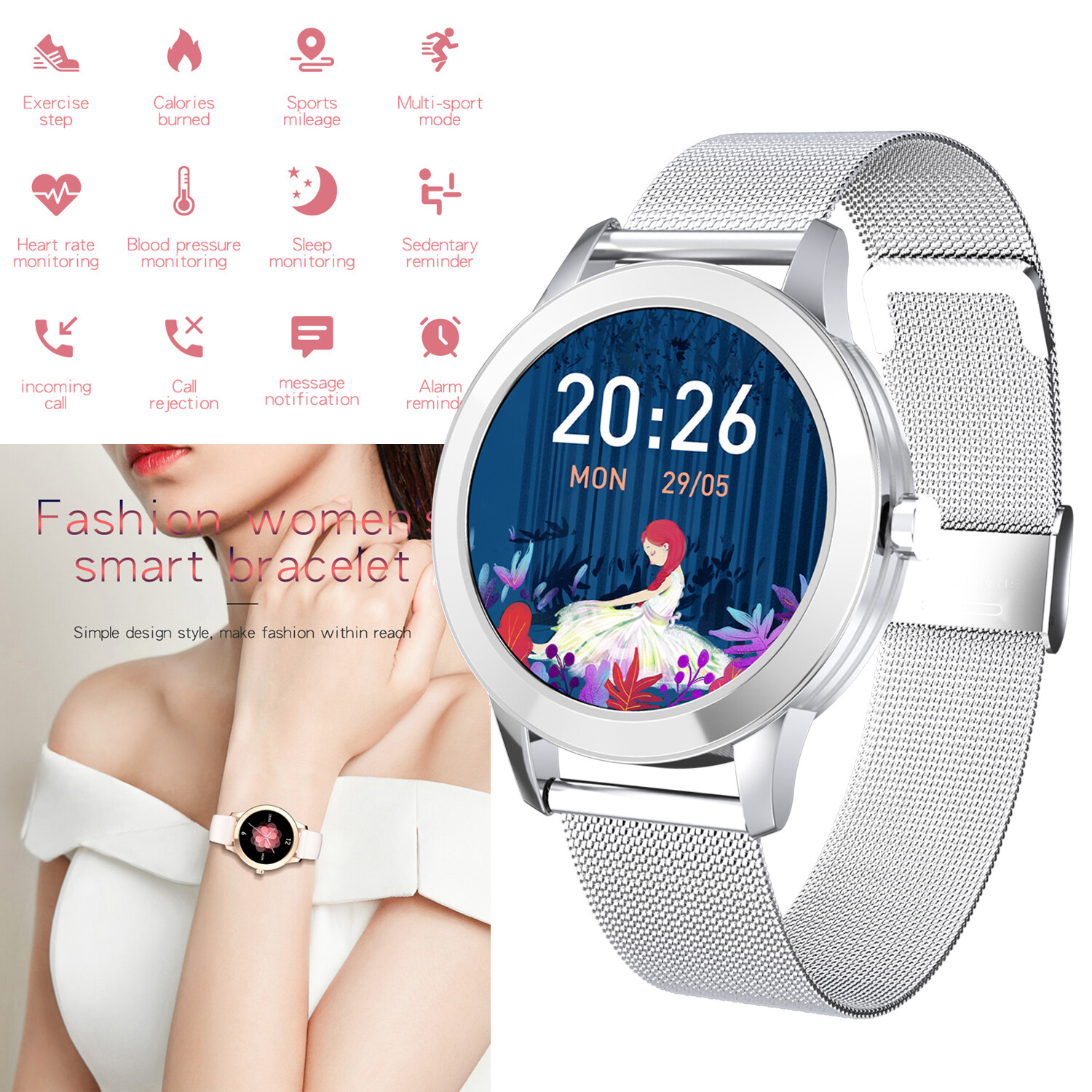 Women Girls Female Smartwatch Bluetooth Smart Watch Fitness Tracker Pedometer