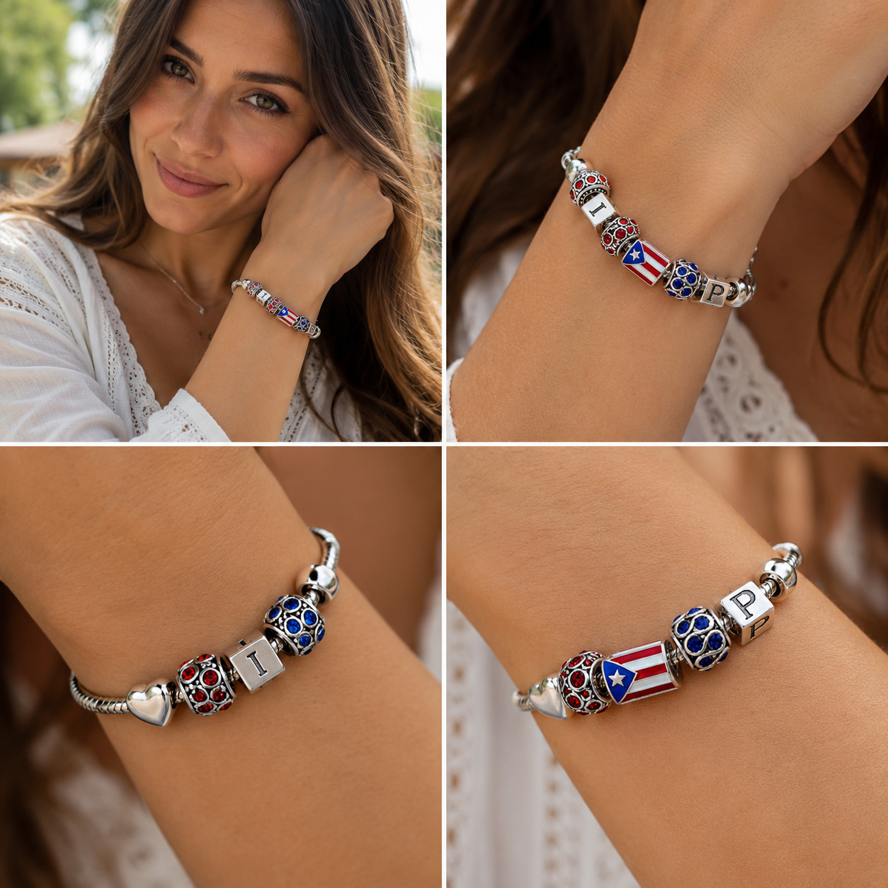 Puerto Rico European Charm Bracelet With I Love PR And Puerto Rican Flag Bead
