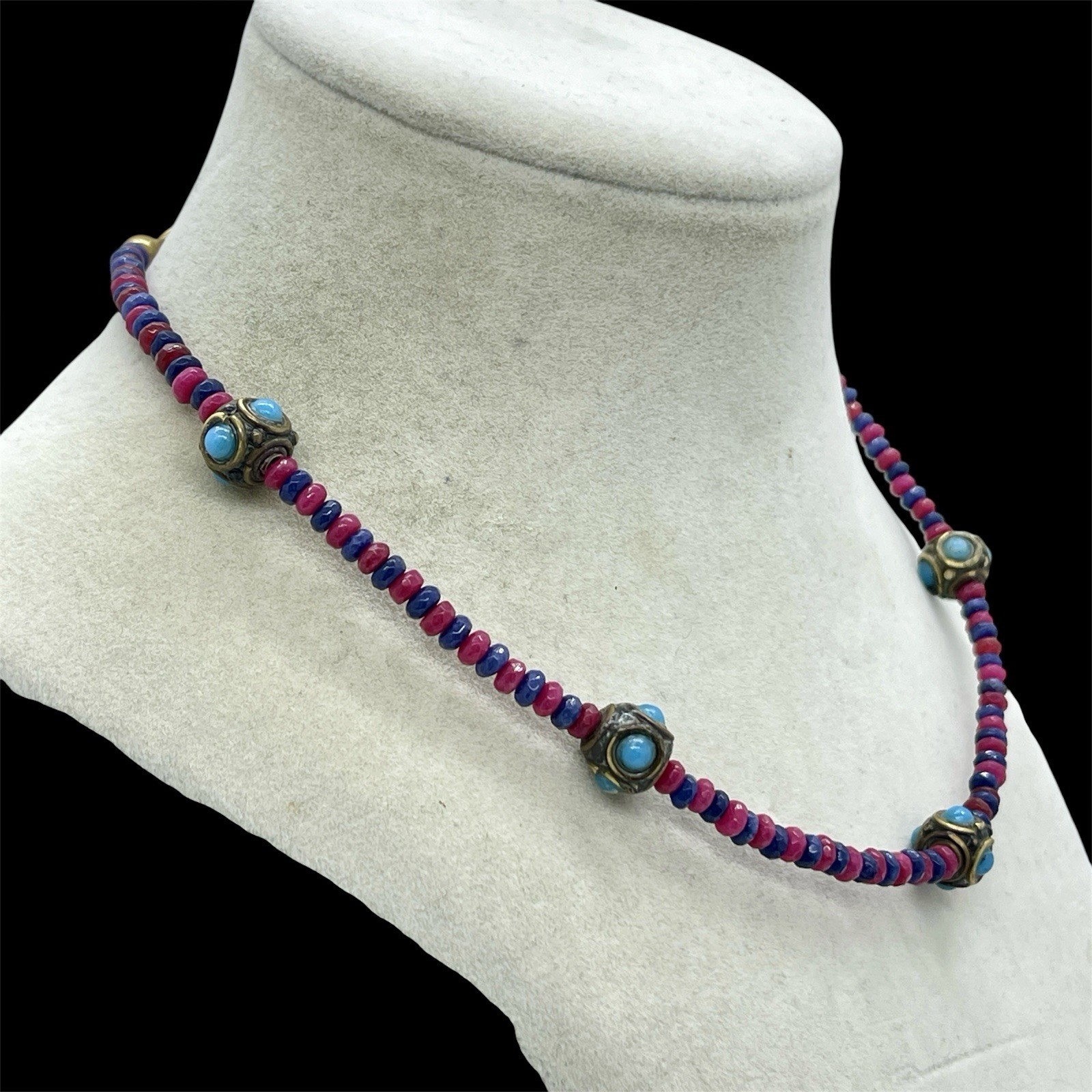 Vtg Nepalese Tibetan Brass Turquoise Glass Cabochon Amethyst Quartz Bead Choker