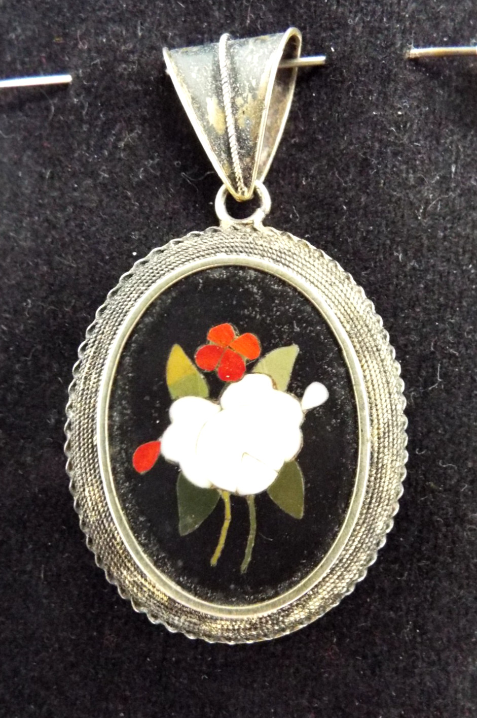 Antique Italian Pietra Dura Inlaid Mosaic 2 Sided Pendant Sterling Silver 12.1g