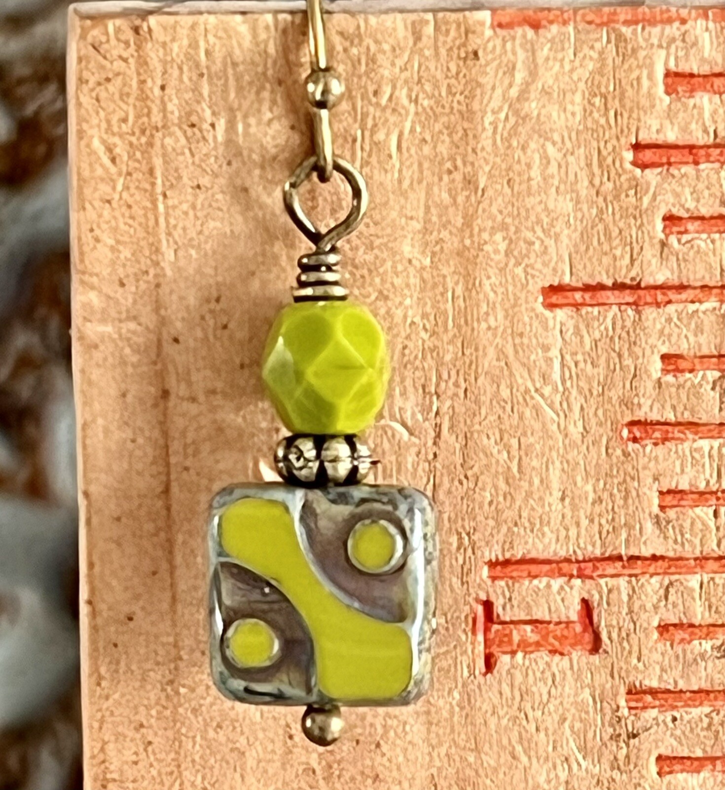 Beautiful Bronze Earrings with Olive Green Picasso Czech Glass Beads