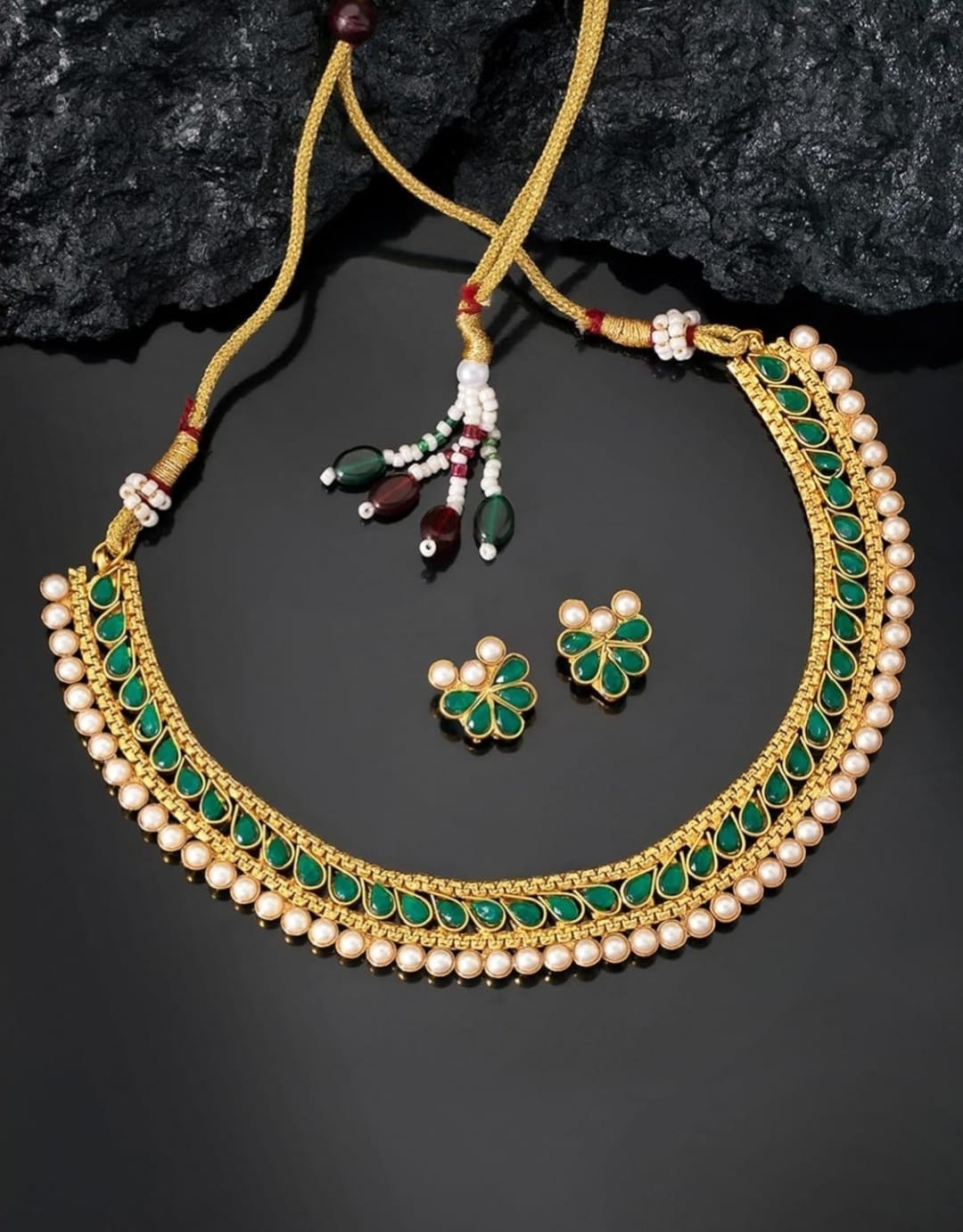 Indian bollywood gold plated green studded necklace set women and girls