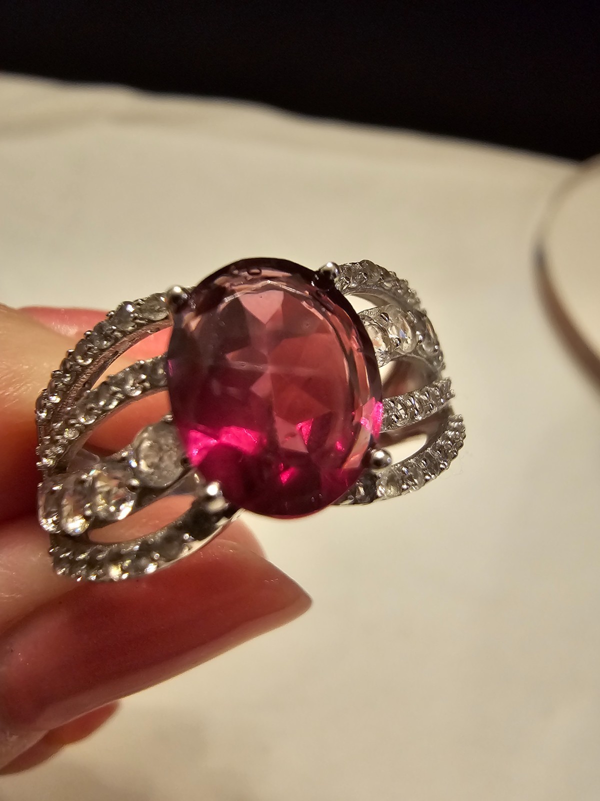 2.4 Ctw NATURAL Raspberry Rhodolite w/ 1.42 ctw Rd White Zircon St Silver sz 9