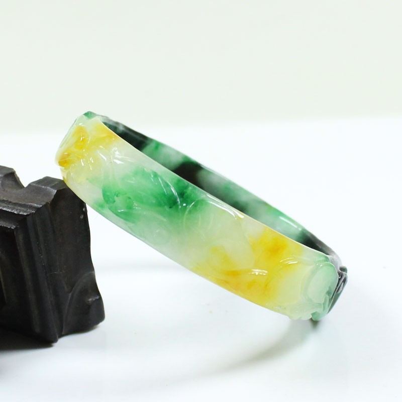 61mm Real Natural Ice Multicolor Burmese Jade jadeite Carving Bracelet Bangle