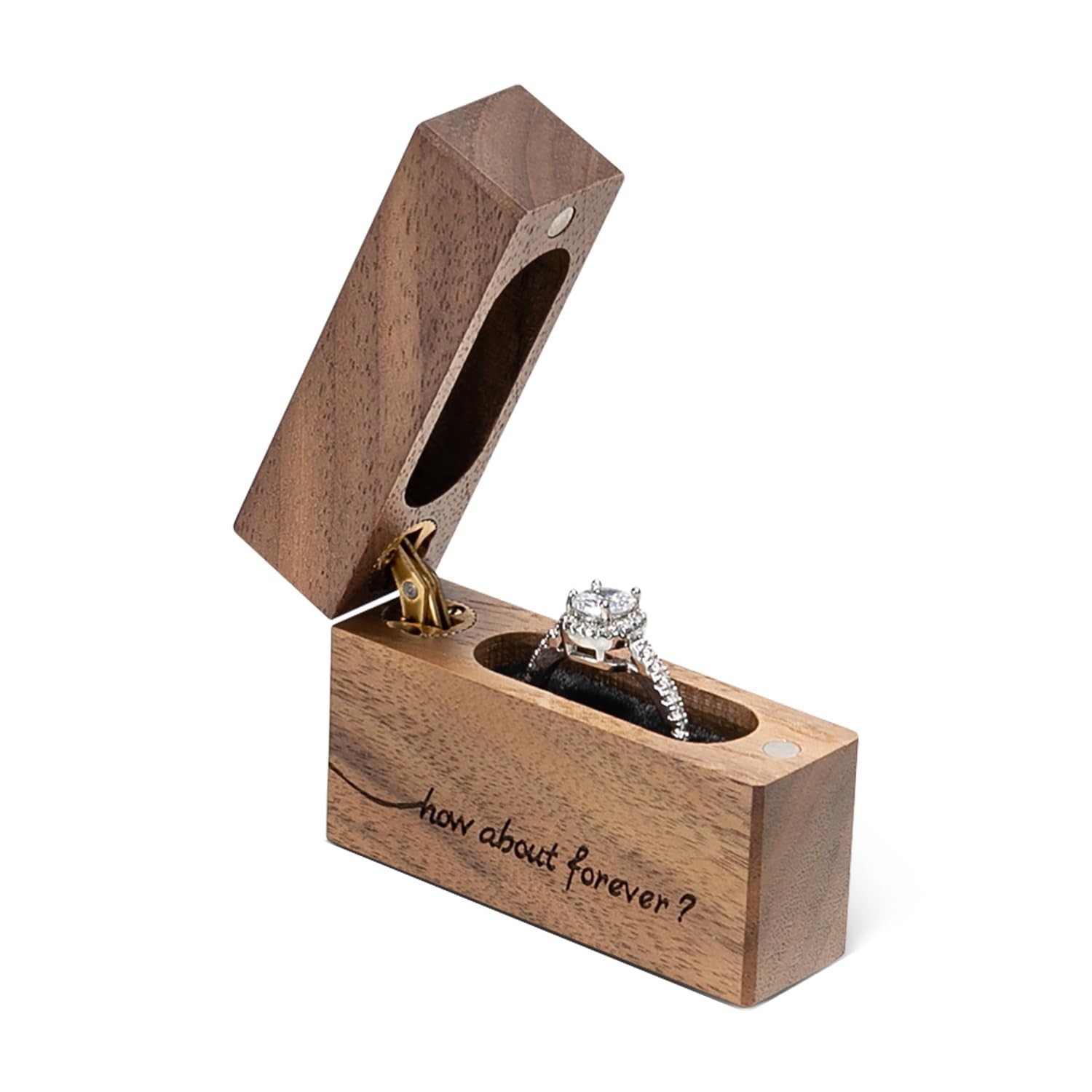 Engagement Ring Box – Slim Walnut Wood Case for Proposal & Wedding | Engraved ‘H