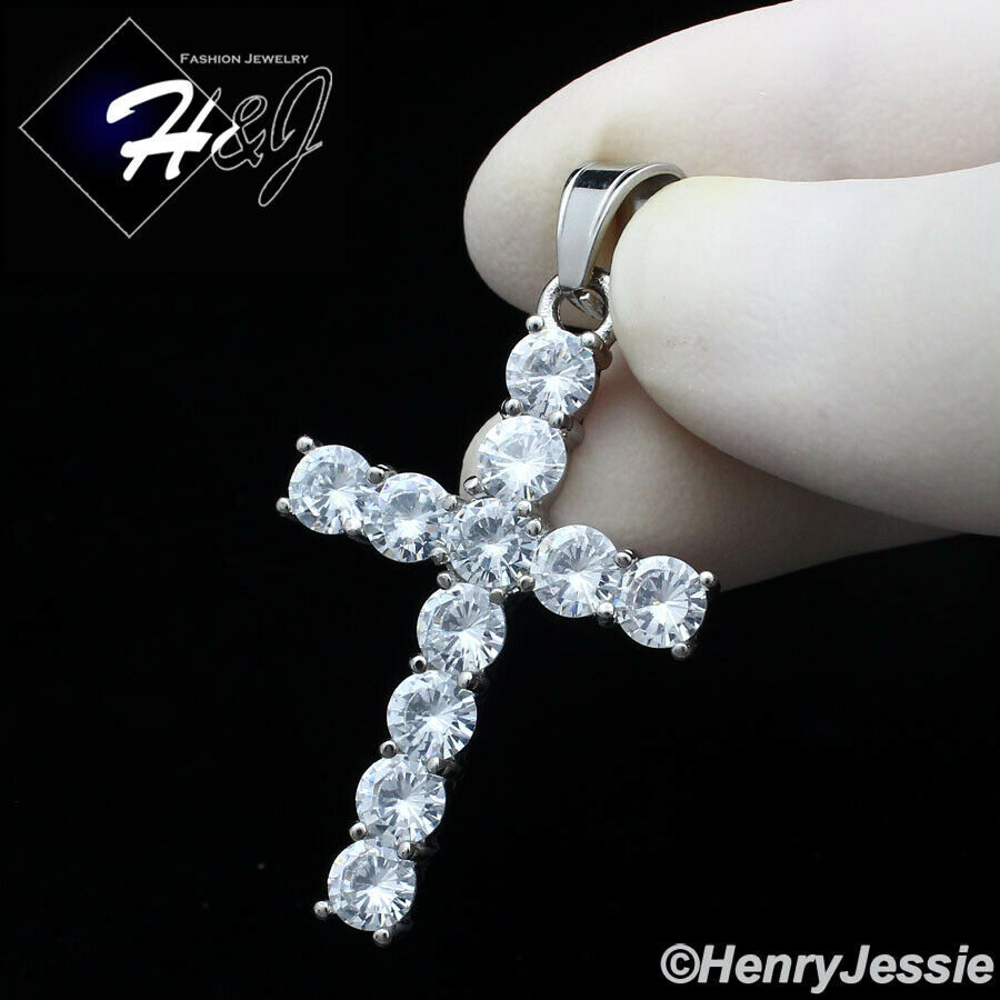 18″-40″MEN Stainless Steel 5mm Silver Box Link Chain ICY CZ Cross Pendant*IP138