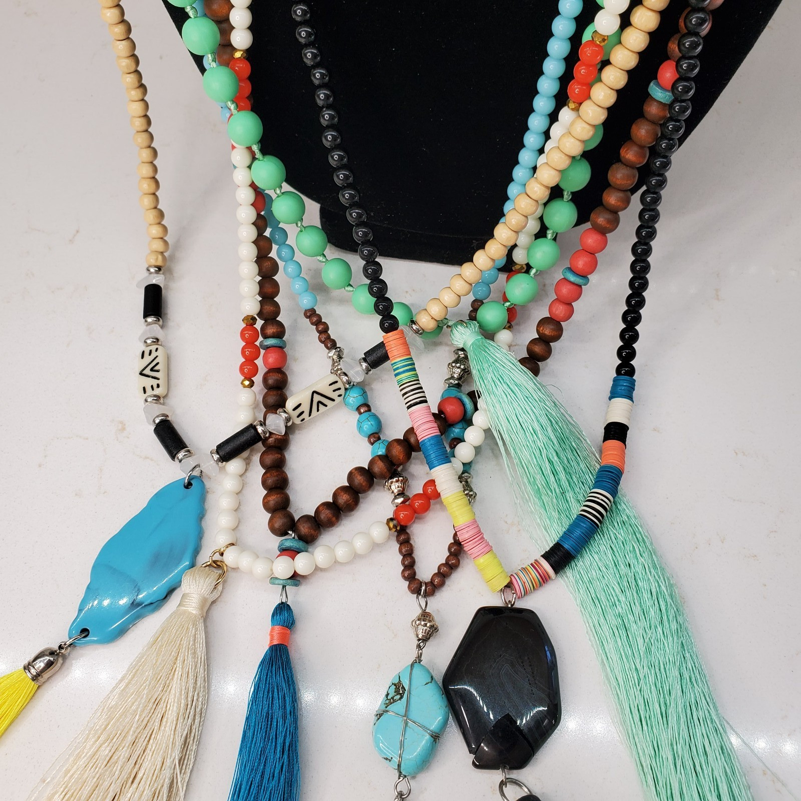 6 Beaded Tassel Necklaces – Wood & Faux Turquoise & Bone & Shell Multicolor Long