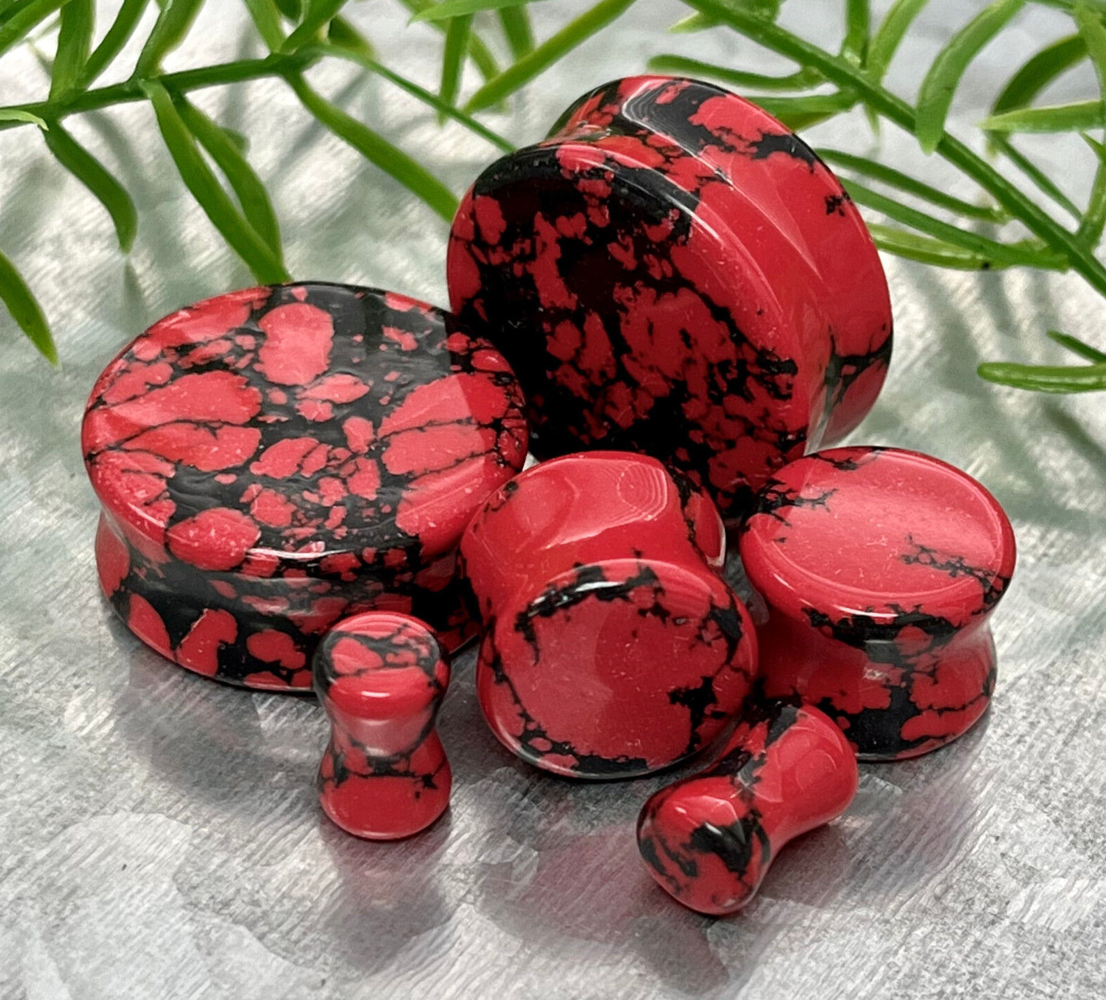 PAIR Black & Red Synthetic Turquoise Stone Plugs Earlets Tunnels Gauges