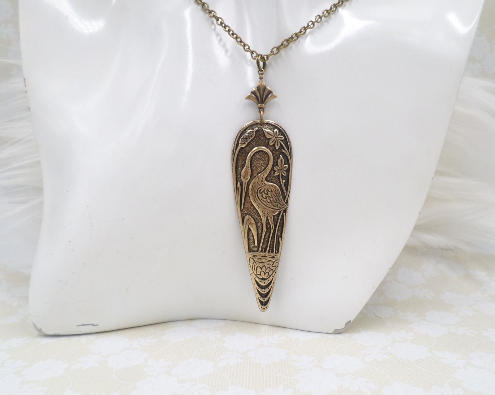 Antique Brass Heron Crane Pendant Necklace, Art Nouveau Bird Lover Gift Idea