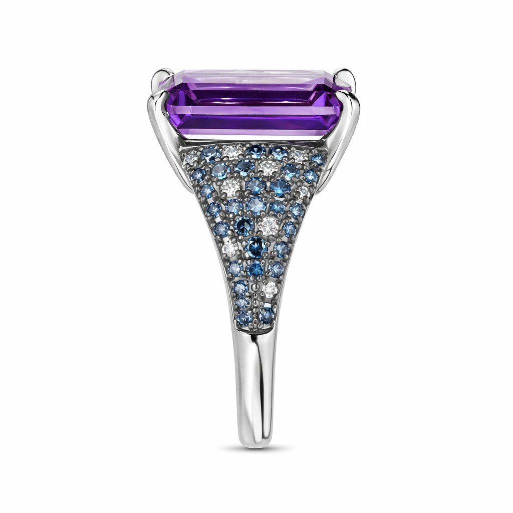 925 Sterling Silver African Amethyst Ring Emerald Cut Stone with Blue & White CZ