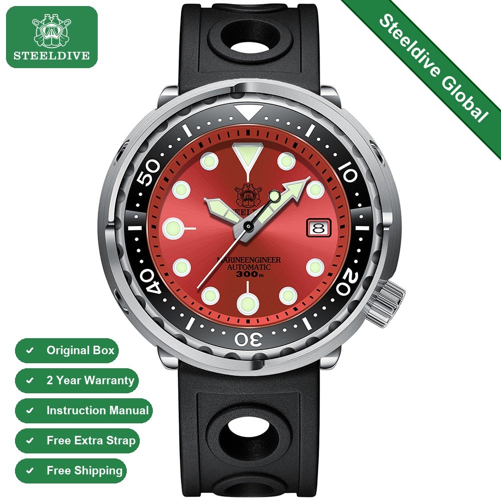 STEELDIVE SD1975 Mens 47.5mm 300M Automatic Dive Watch NH35 Steel Red