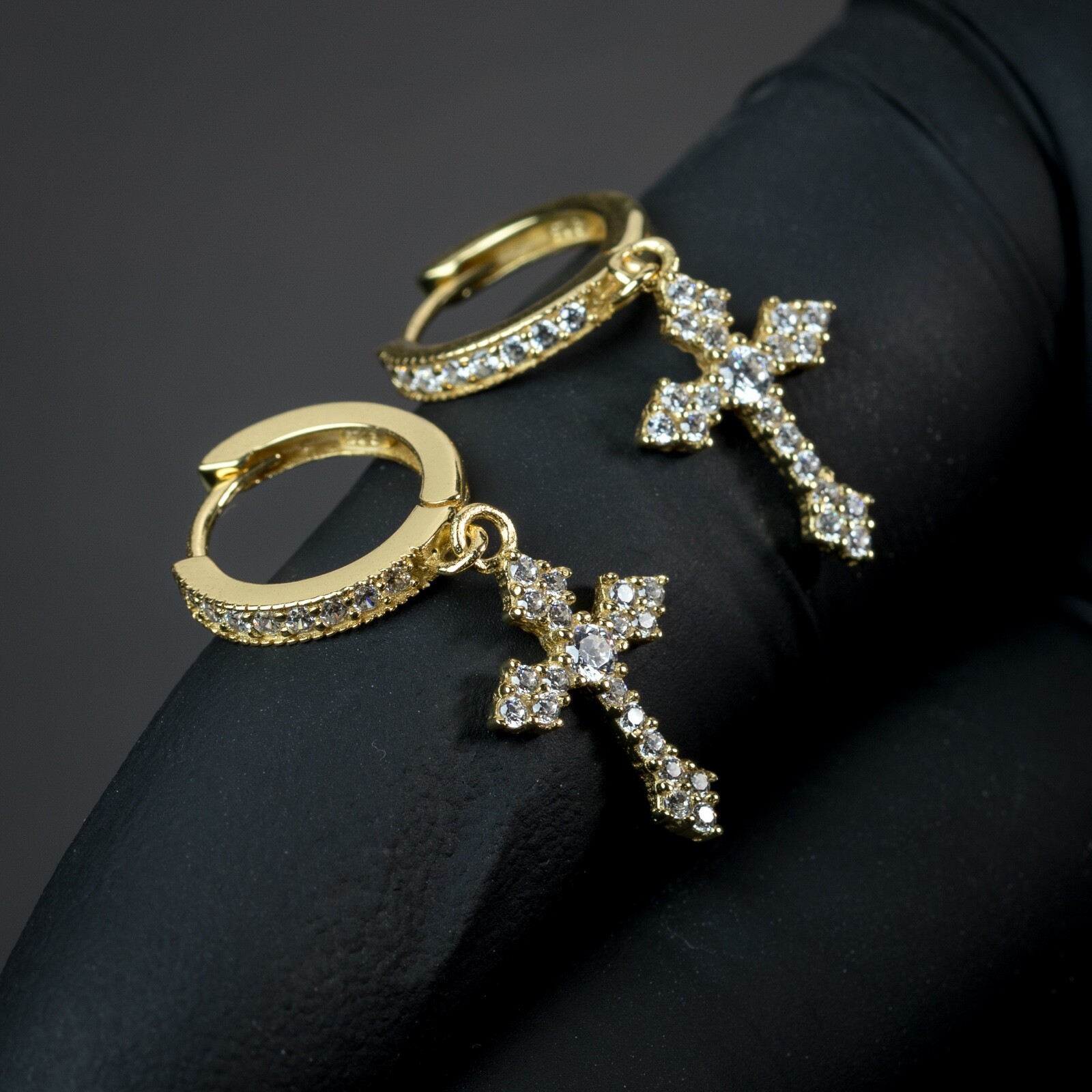 14K Gold Plated Men Iced Dangle Hanging Cross Drop Huggie Hoop Earrings