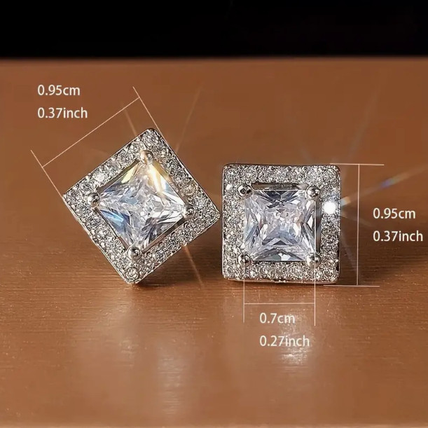 Cubic Zirconia Earrings Princess Cut Stainless Steel Post Back