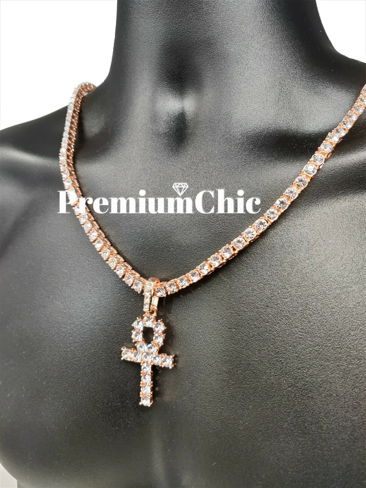 ANKH Cross Pendant ICED Tennis Chain Gold Plated Silver Rose Hip Hop CZ Necklace