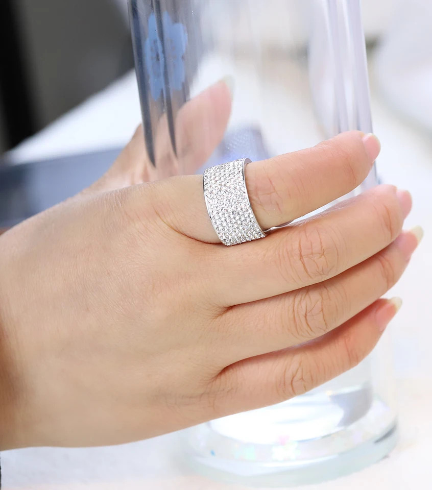 Crystal Pave Ring 8 Row Stainless Steel Gold Plated Wide Band Women Jewelry
