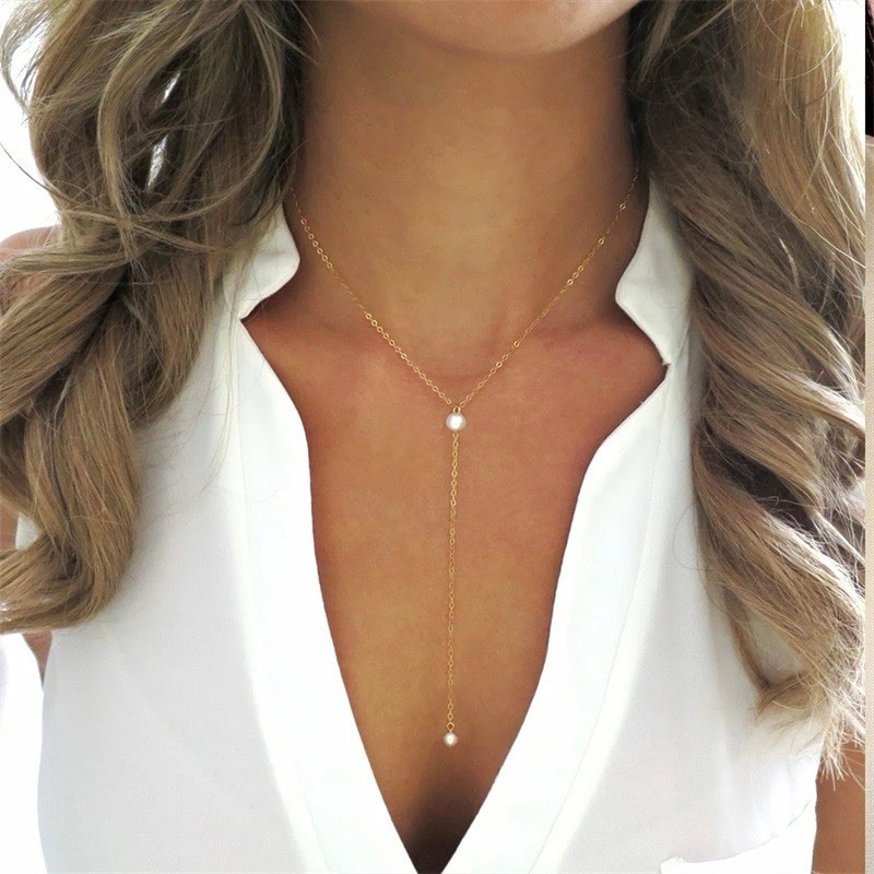 Gold Tone Y-Drop Lariat Necklace Cable Chain with 2 Round White Pearls