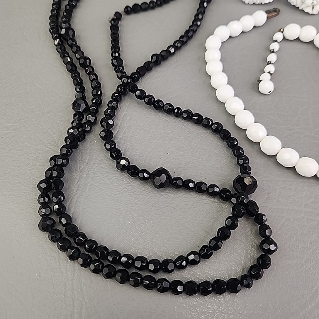 Vintage Beaded Necklace Screw Back Earrings Lot of 4 Glass Black White