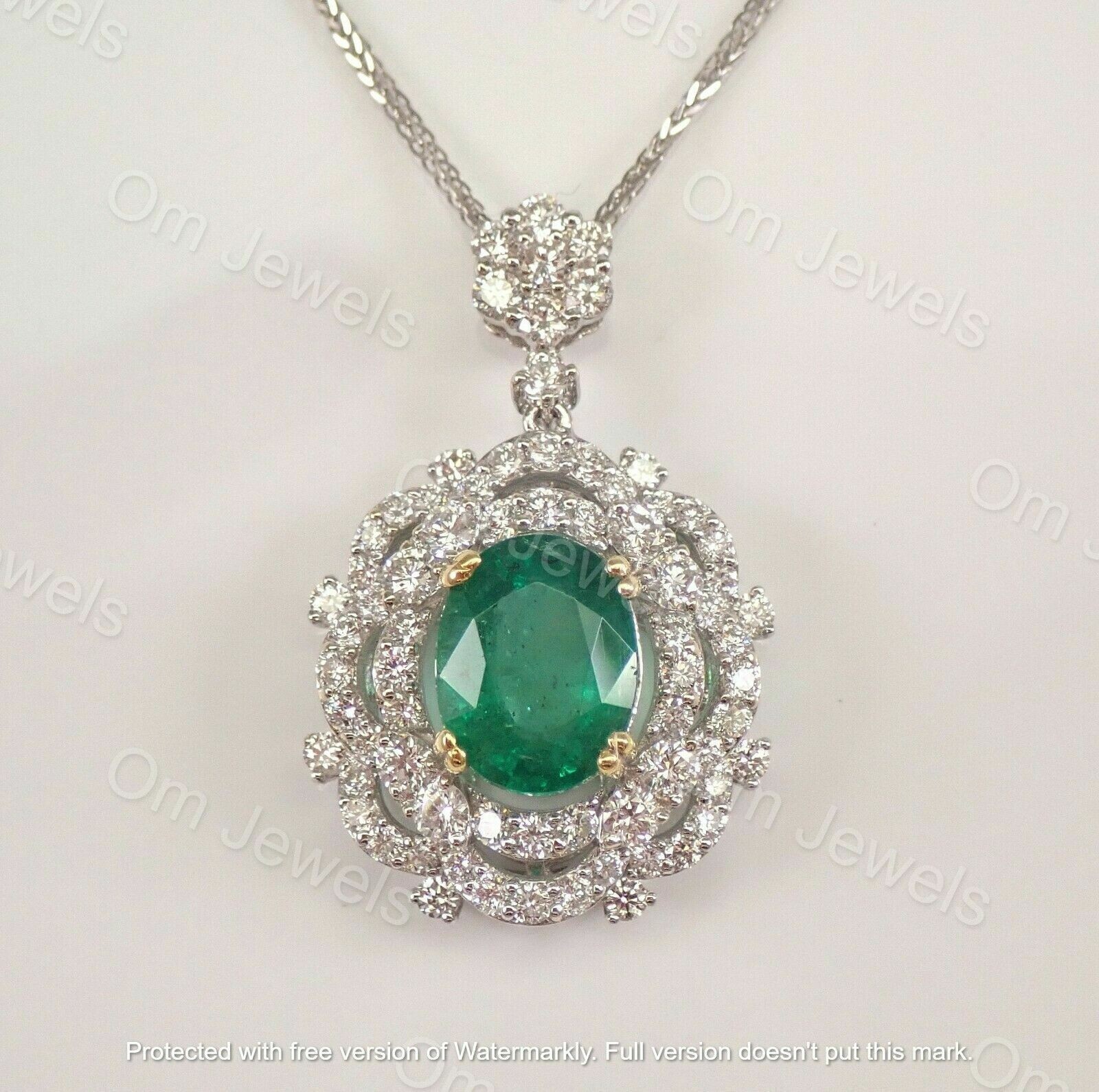 4.80Ct Oval Cut Green Emerald Halo Pendant 14K White Gold Finish 18″ Free Chain