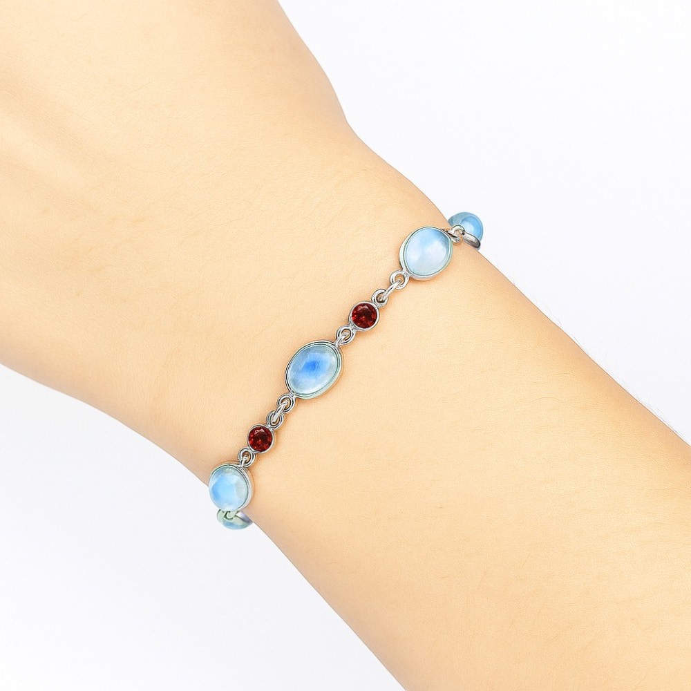 Premium Quality Rainbow Moonstone – India & Garnet 925 Silver Bracelet B-1006