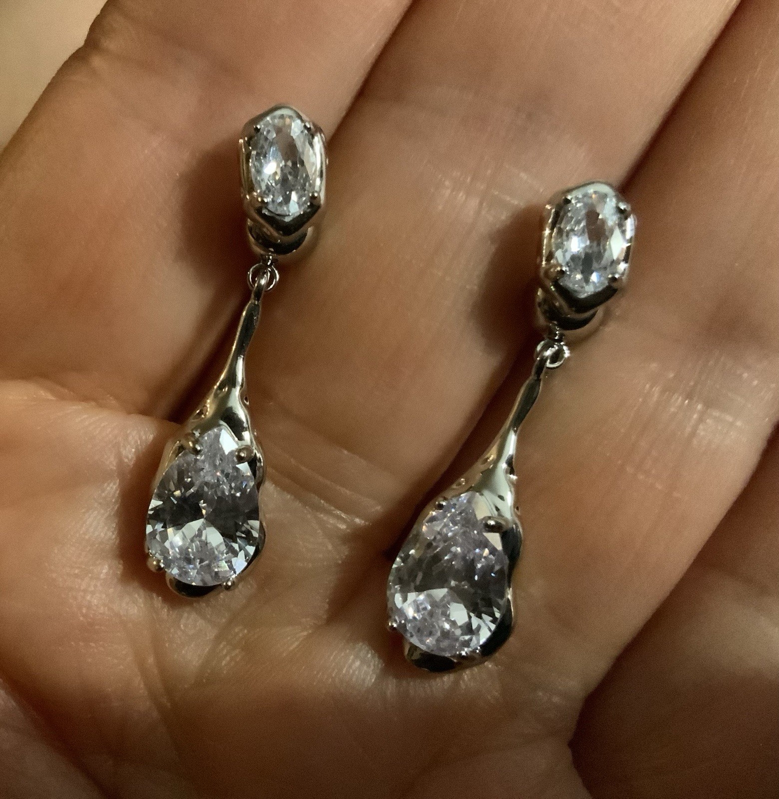 Molten Silver Teardrop Earrings Crystal Oval Stud Geometric Liquid Metal Drop CZ