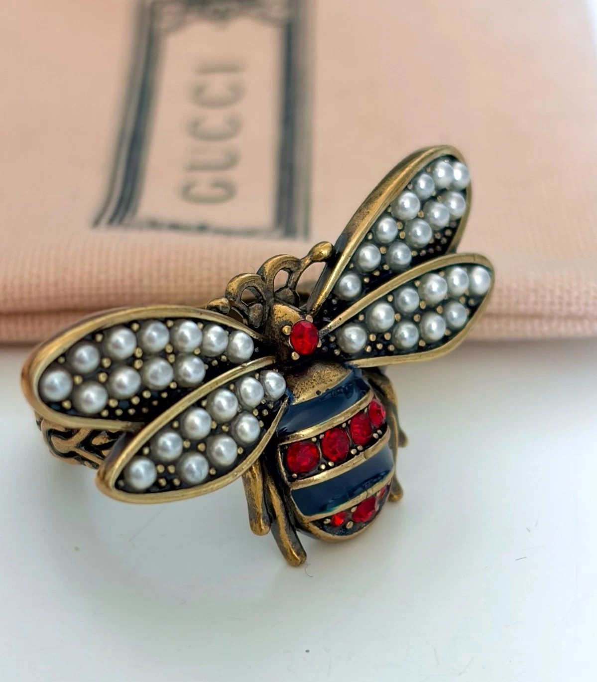 Vintage Gucci Bee Crystal Faux Pearl Adjustable Ring Gold Tone Italy US7.5