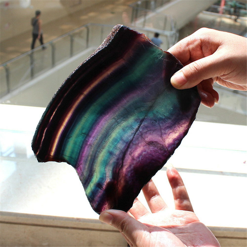 AAAA Natural Purple Fluorite Quartz Rainbow Crystal Slice Specimen Healing+Stand