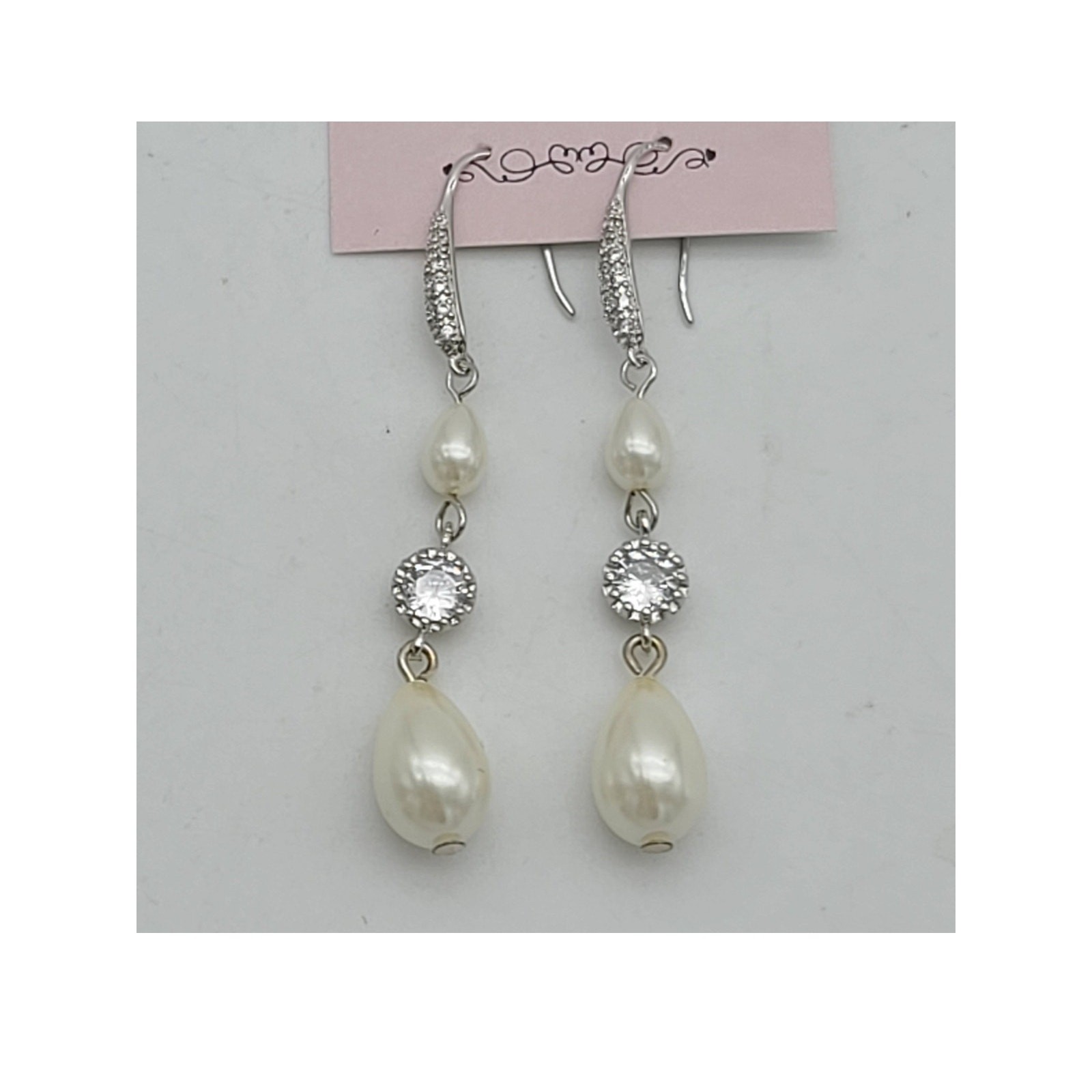 Belle Studio Bijoux CZ Crystal & White Pearl Teardrop Dangle Earrings NWT
