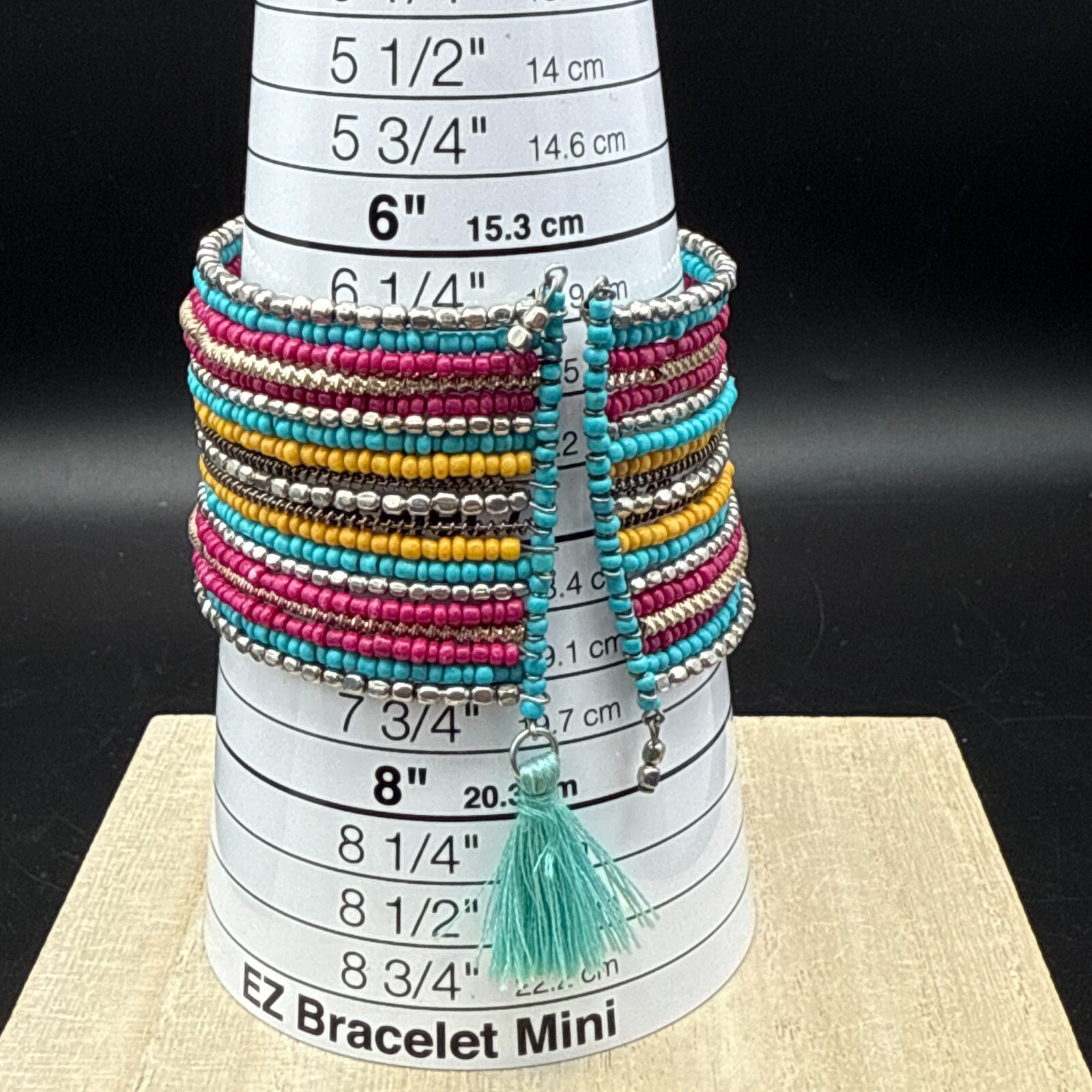 Handmade Bracelet 6.5″ Adjustable Aqua Red Yellow Seed Bead Woven Boho Wide Cuff